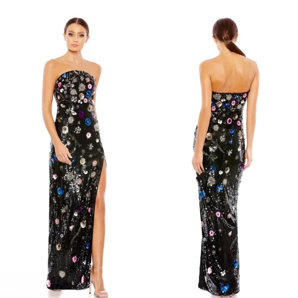 Mac Duggal Black and Blue Strapless Slit Gown